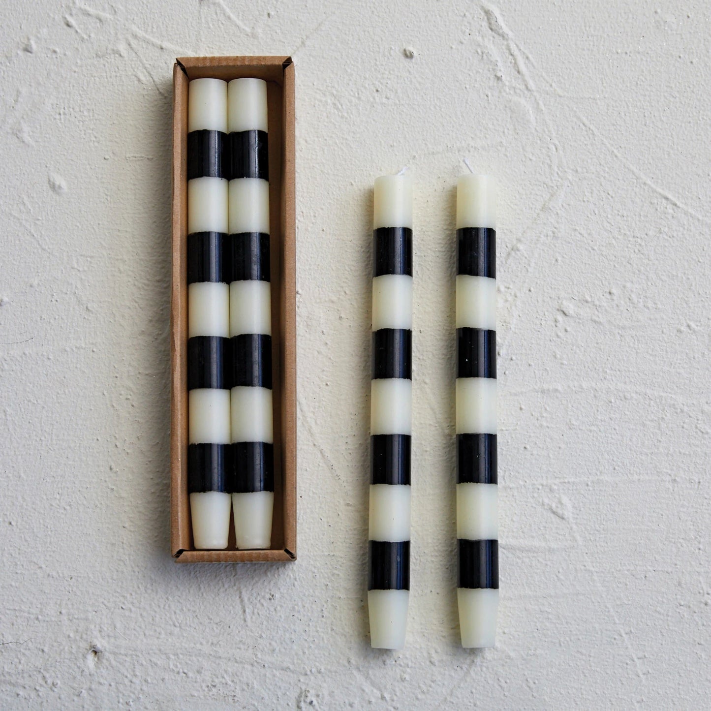 Black+White Taper Candles w/ Stripes in Box, Set of 2