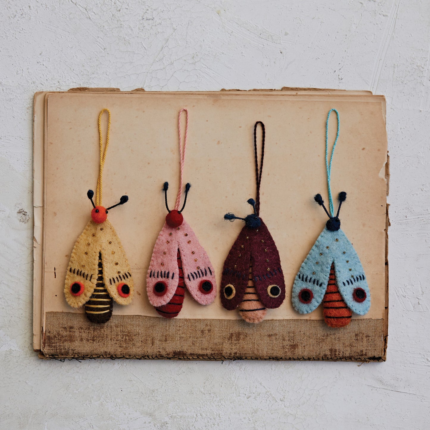 Handmade Wool Felt Moth Ornament w/ Beads & Embroidery, 4 Colors