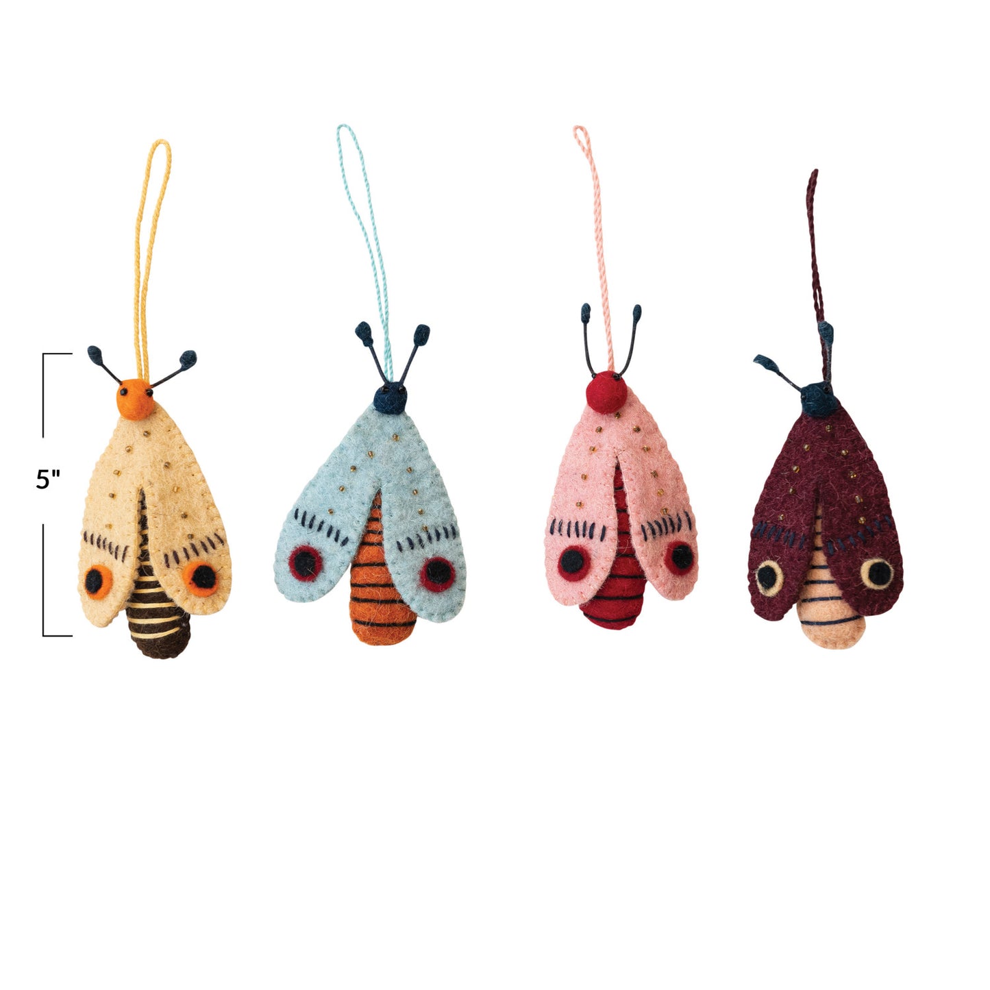 Handmade Wool Felt Moth Ornament w/ Beads & Embroidery, 4 Colors