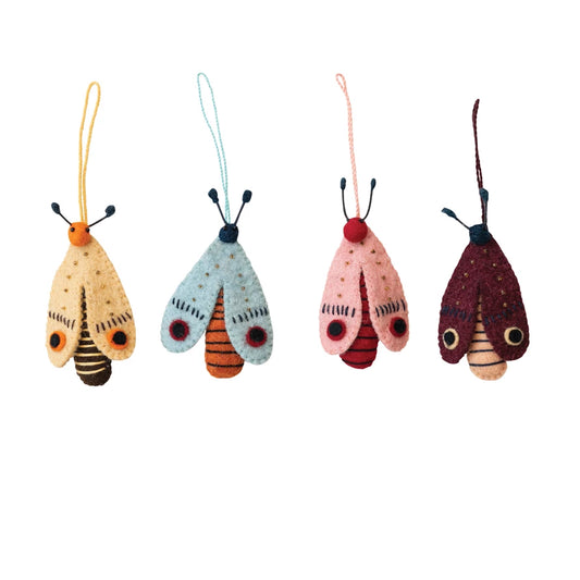 Handmade Wool Felt Moth Ornament w/ Beads & Embroidery, 4 Colors