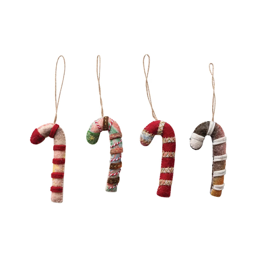 Handmade Wool Felt Candy Cane Ornament, 4 Styles (Each One Will Vary)
