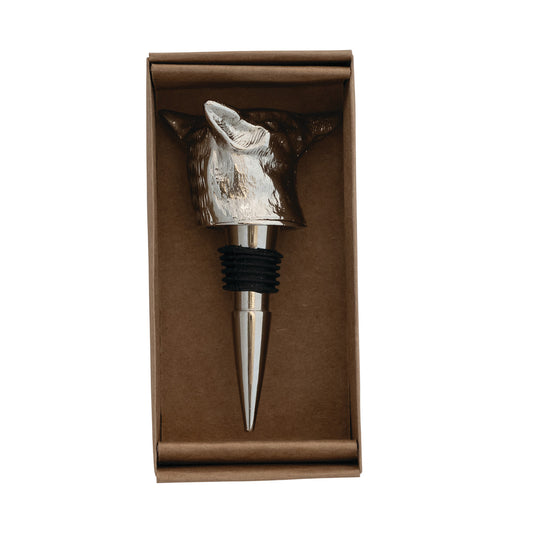 Cast Aluminum Fox Head Bottle Stopper in Kraft Box, Nickel Finish