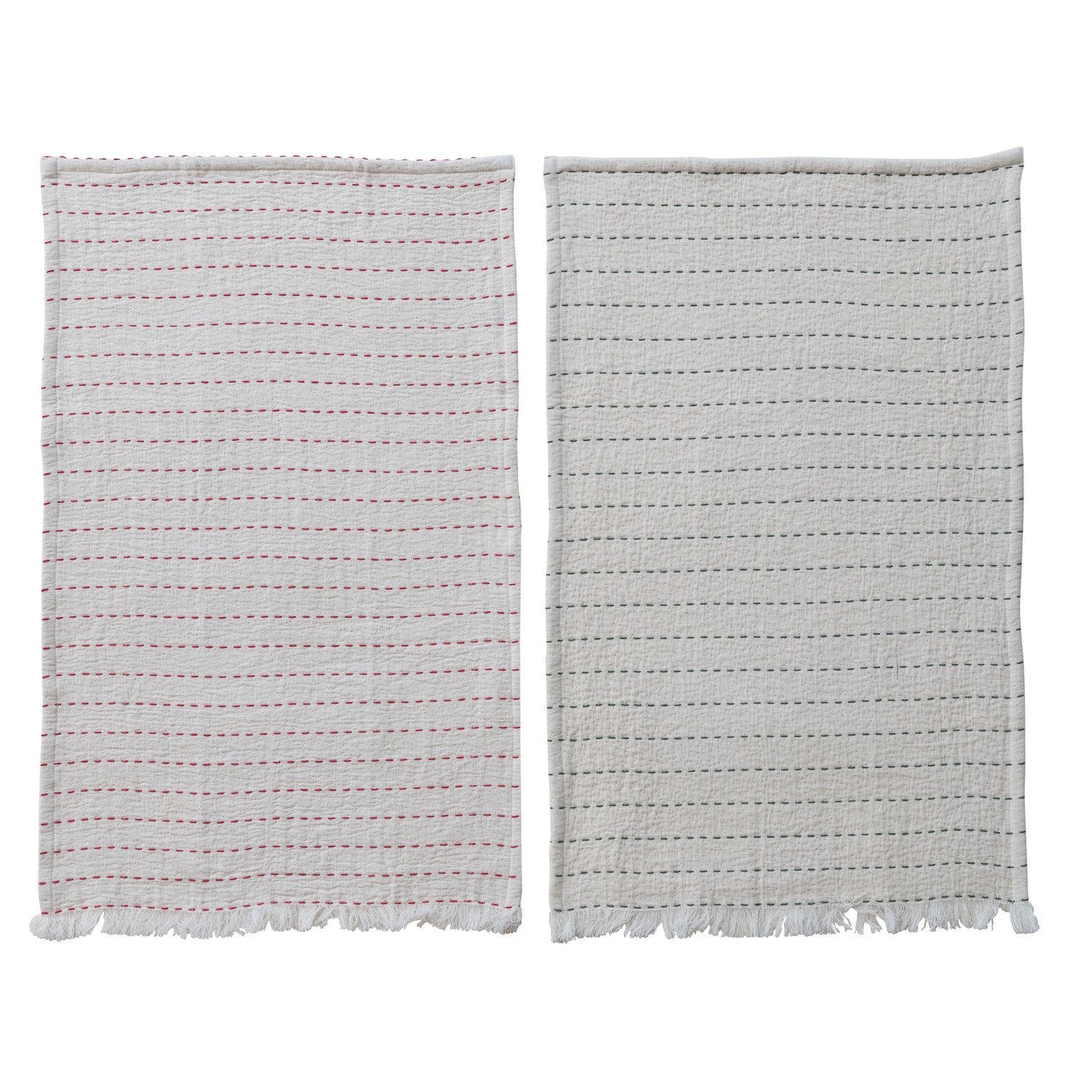 Tea Towel with Hand-Embroidered Kantha Stitch & Frayed Edges, 2 Colors